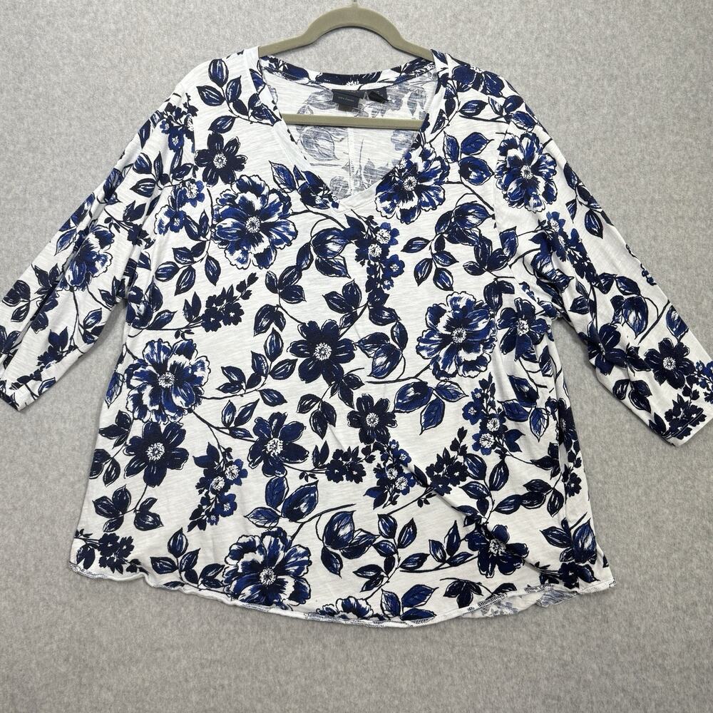Rachel Roy Garden Floral Cotton T-Shirt Sz 3X Blue White Coastal Office Casual